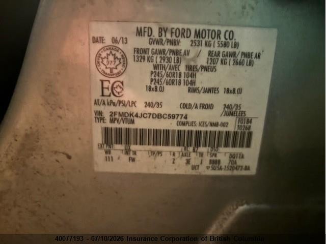 Продаж на аукціоні авто 2013 Ford Edge, vin: 2FMDK4JC7DBC59774, номер лоту: 40077193