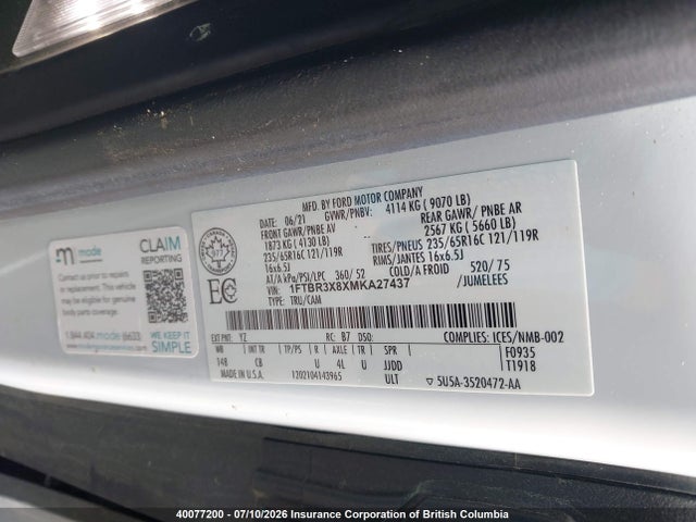 40077200 :رقم المزاد ، 1FTBR3X8XMKA27437 vin ، 2021 Ford Transit T-250 مزاد بيع