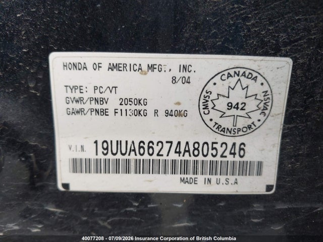 Aukcja sprzedaży 2004 Acura 3.2tl, vin: 19UUA66274A805246, numer aukcji: 40077208