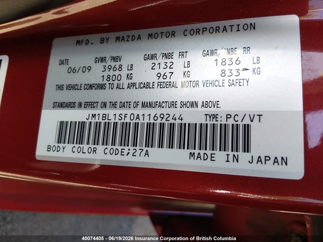 40074405 :رقم المزاد ، JM1BL1SF0A1169244 vin ، 2010 Mazda 3 I مزاد بيع