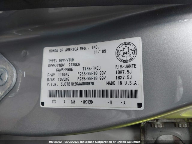 2010 Acura Rdx მანქანა იყიდება აუქციონზე, vin: 5J8TB1H26AA800978, აუქციონის ნომერი: 40068002