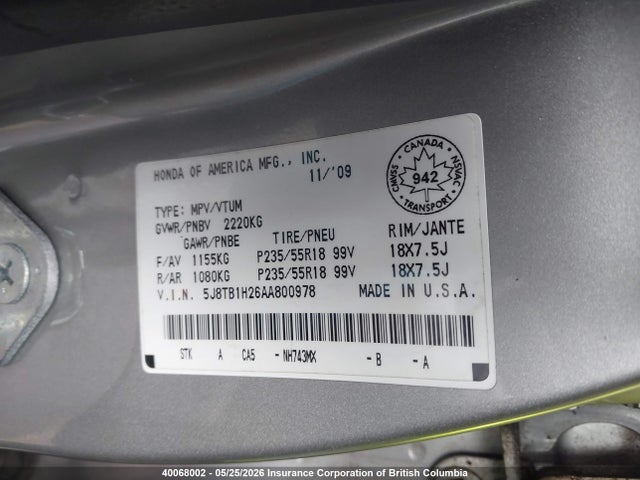 2010 Acura Rdx მანქანა იყიდება აუქციონზე, vin: 5J8TB1H26AA800978, აუქციონის ნომერი: 40068002