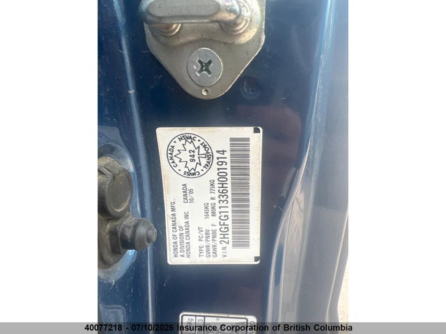 2006 Honda Civic მანქანა იყიდება აუქციონზე, vin: 2HGFG11336H001914, აუქციონის ნომერი: 40077218
