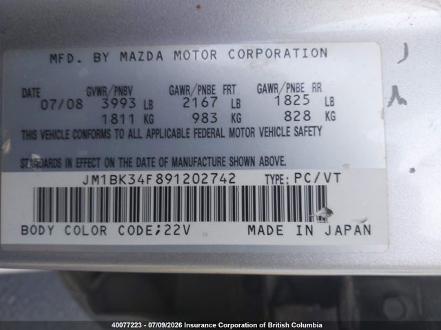 40077223 :رقم المزاد ، JM1BK34F891202742 vin ، 2009 Mazda 3 I مزاد بيع