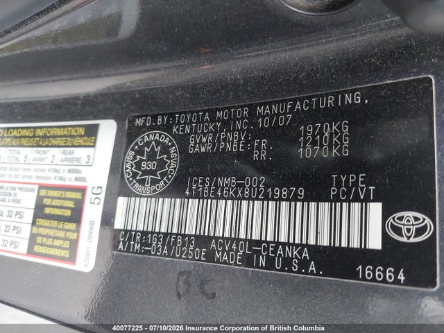 2008 Toyota Camry მანქანა იყიდება აუქციონზე, vin: 4T1BE46KX8U219879, აუქციონის ნომერი: 40077225