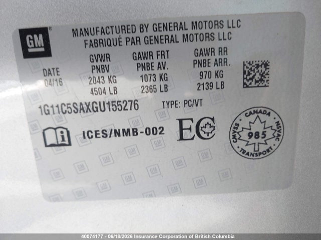Aukcja sprzedaży 2016 Chevrolet Malibu Limited Lt, vin: 1G11C5SAXGU155276, numer aukcji: 40074177