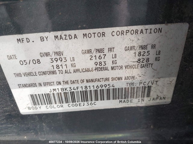 Aukcja sprzedaży 2008 Mazda 3 I, vin: JM1BK34F181169954, numer aukcji: 40077234