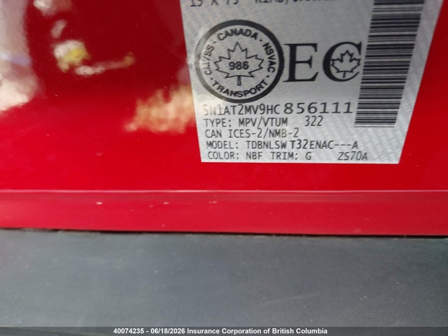 5N1AT2MV9HC856111 Nissan Rogue Sv/sl