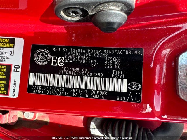 2012 Toyota Corolla Matrix მანქანა იყიდება აუქციონზე, vin: 2T1KU4EE2CC806389, აუქციონის ნომერი: 40077246