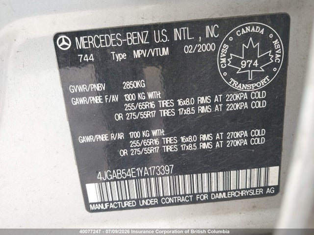Aukcja sprzedaży 2000 Mercedes-benz Ml 320, vin: 4JGAB54E1YA173397, numer aukcji: 40077247