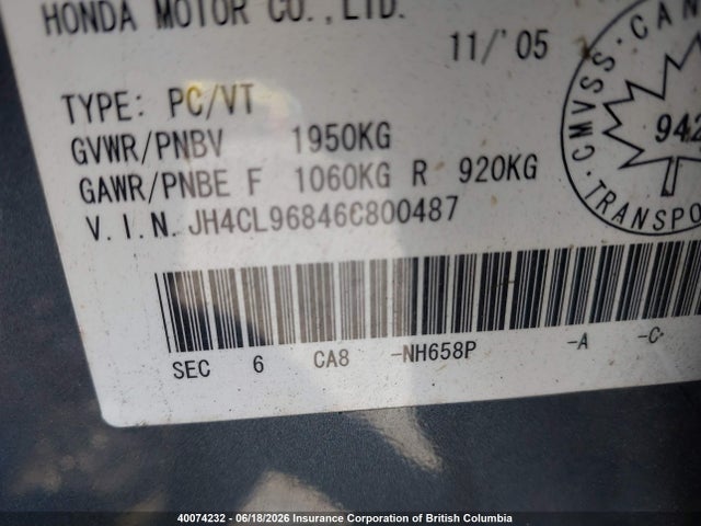 2006 Acura Tsx მანქანა იყიდება აუქციონზე, vin: JH4CL96846C800487, აუქციონის ნომერი: 40074232