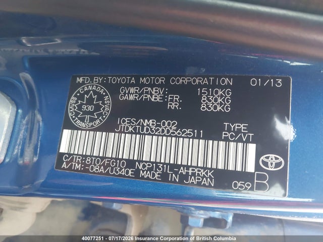 Продаж на аукціоні авто 2013 Toyota Yaris, vin: JTDKTUD32DD562511, номер лоту: 40077251
