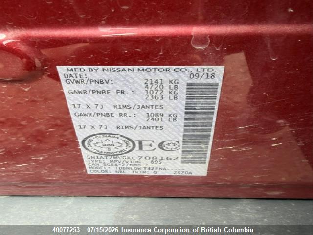Aukcja sprzedaży 2019 Nissan Rogue, vin: 5N1AT2MV0KC708162, numer aukcji: 40077253