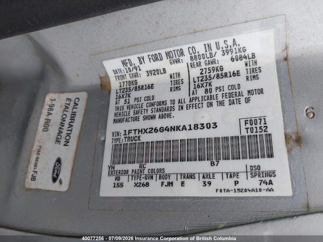 Aukcja sprzedaży 1992 Ford F250, vin: 1FTHX26G4NKA18303, numer aukcji: 40077256