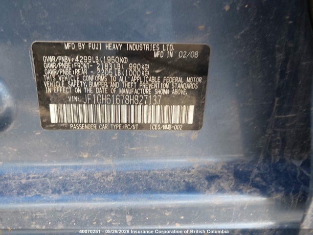 40070251 :رقم المزاد ، JF1GH61678H827137 vin ، 2008 Subaru Impreza 2.5i مزاد بيع