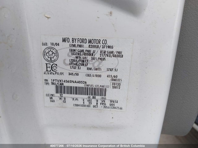 40077266 :رقم المزاد ، 1FTVX14565NA40526 vin ، 2005 Ford F150 مزاد بيع