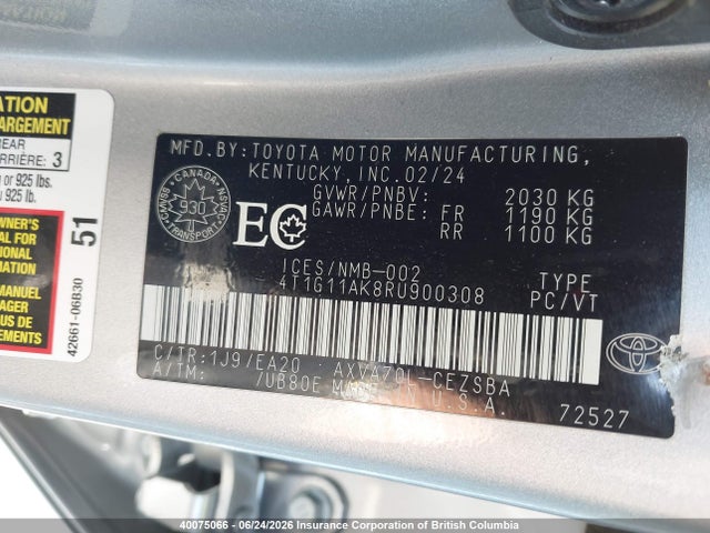 2024 Toyota Camry Se Night Shade/se მანქანა იყიდება აუქციონზე, vin: 4T1G11AK8RU900308, აუქციონის ნომერი: 40075066