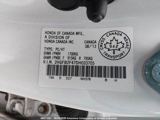 2013 Honda Civic Lx მანქანა იყიდება აუქციონზე, vin: 2HGFB2F47DH033705, აუქციონის ნომერი: 40071951