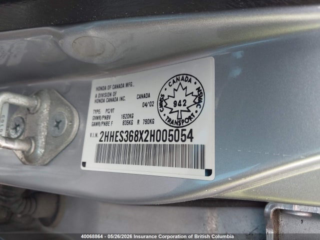 2002 Acura 1.7el Premium მანქანა იყიდება აუქციონზე, vin: 2HHES368X2H005054, აუქციონის ნომერი: 40068864