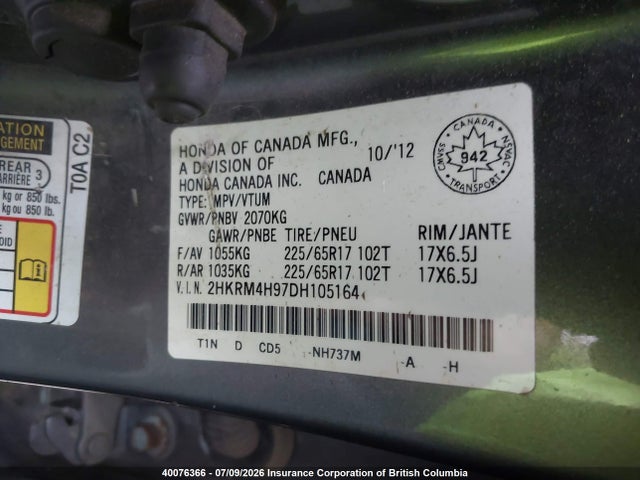 Продаж на аукціоні авто 2013 Honda Cr-v Touring, vin: 2HKRM4H97DH105164, номер лоту: 40076366