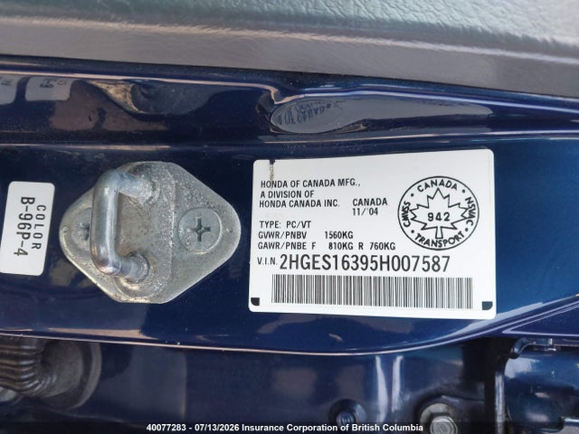 Продаж на аукціоні авто 2005 Honda Civic, vin: 2HGES16395H007587, номер лоту: 40077283