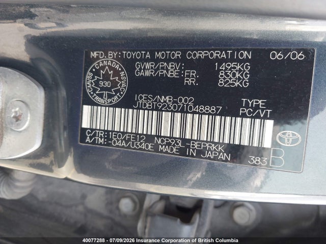 2007 Toyota Yaris მანქანა იყიდება აუქციონზე, vin: JTDBT923071048887, აუქციონის ნომერი: 40077288