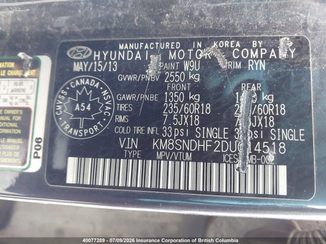 Aukcja sprzedaży 2013 Hyundai Santa Fe Gls, vin: KM8SNDHF2DU014518, numer aukcji: 40077289