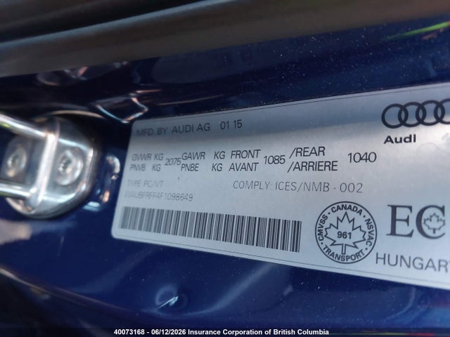 Продаж на аукціоні авто 2015 Audi A3 Premium, vin: WAUBFRFF4F1098649, номер лоту: 40073168