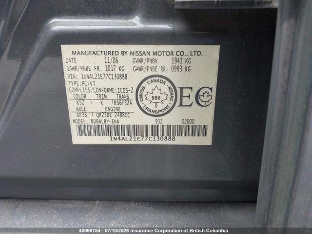 Aukcja sprzedaży 2007 Nissan Altima 2.5/2.5s, vin: 1N4AL21E77C130888, numer aukcji: 40069754