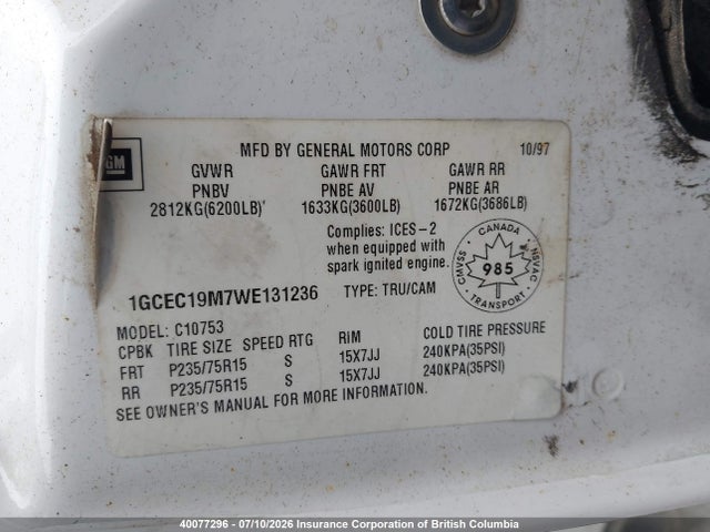 Продажа на аукционе авто 1998 Chevrolet Sierra, vin: 1GCEC19M7WE131236, номер лота: 40077296