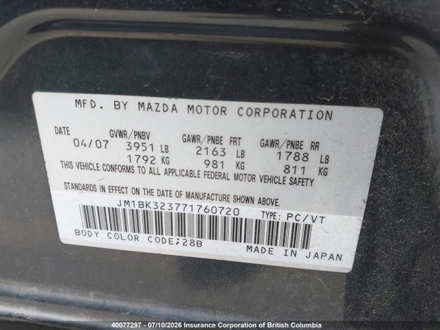Продаж на аукціоні авто 2007 Mazda 3 S, vin: JM1BK323771760720, номер лоту: 40077297