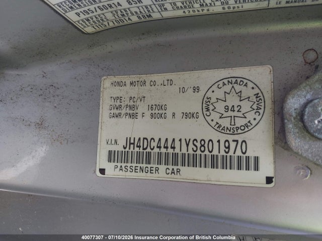 2000 Acura Integra Se მანქანა იყიდება აუქციონზე, vin: JH4DC4441YS801970, აუქციონის ნომერი: 40077307
