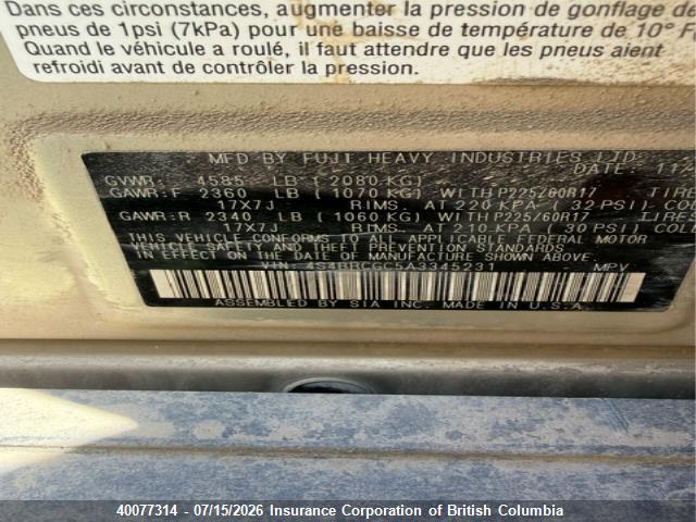 40077314 :رقم المزاد ، 4S4BRCGC5A3345231 vin ، 2010 Subaru Outback 2.5i Premium مزاد بيع