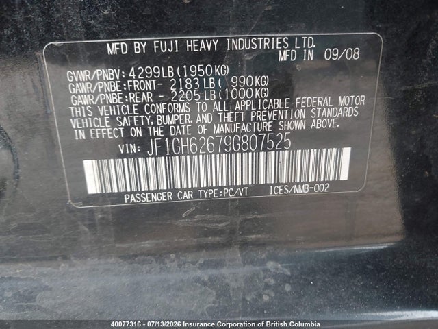 Продажа на аукционе авто 2009 Subaru Impreza 2.5i, vin: JF1GH62679G807525, номер лота: 40077316