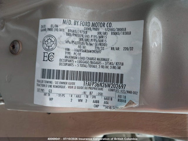 40069041 :رقم المزاد ، 1FAFP36N26W202697 vin ، 2006 Ford Focus Zxw مزاد بيع