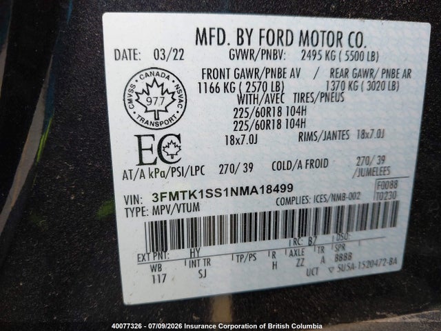 40077326 :رقم المزاد ، 3FMTK1SS1NMA18499 vin ، 2022 Ford Mustang Mach-e Select مزاد بيع