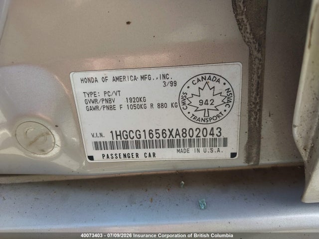 1999 Honda Accord Ex მანქანა იყიდება აუქციონზე, vin: 1HGCG1656XA802043, აუქციონის ნომერი: 40073403