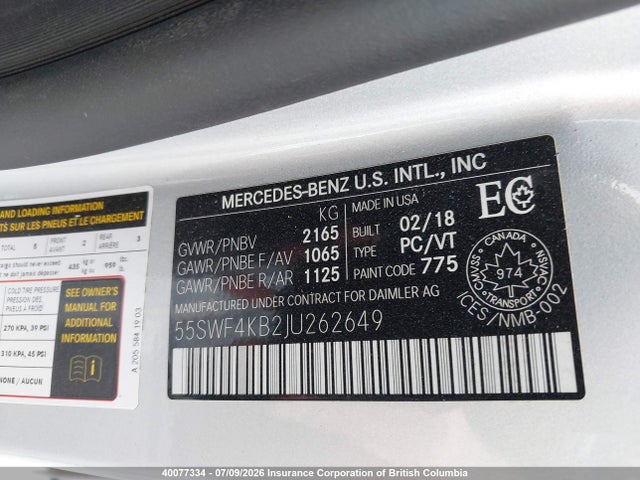 Продаж на аукціоні авто 2018 Mercedes-benz C 300 4matic, vin: 55SWF4KB2JU262649, номер лоту: 40077334
