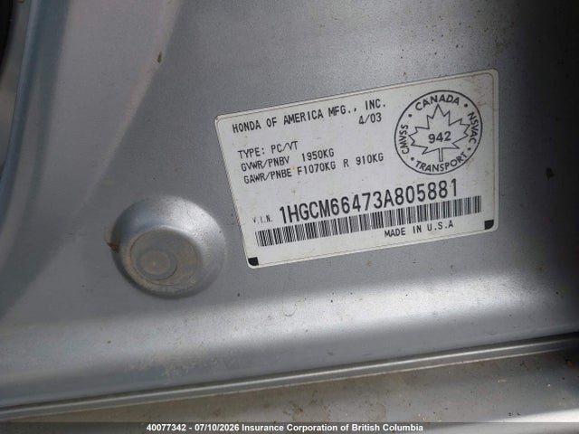 Продаж на аукціоні авто 2003 Honda Accord Sdn Ex, vin: 1HGCM66473A805881, номер лоту: 40077342