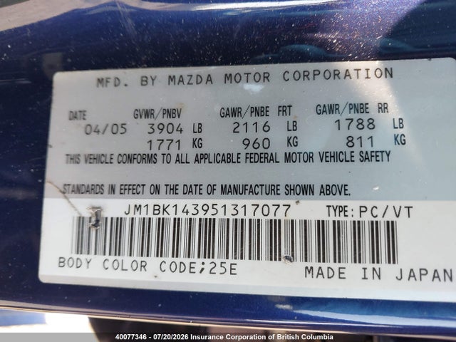 40077346 :رقم المزاد ، JM1BK143951317077 vin ، 2005 Mazda 3 Hatchback مزاد بيع
