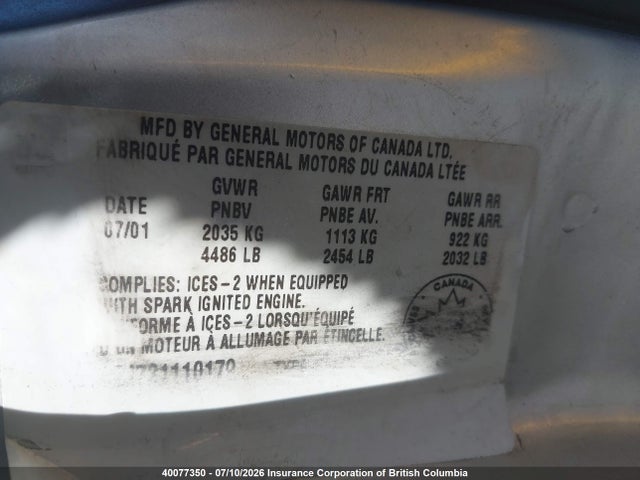 40077350 :رقم المزاد ، 2G4WS52J721110179 vin ، 2002 Buick Century Custom مزاد بيع