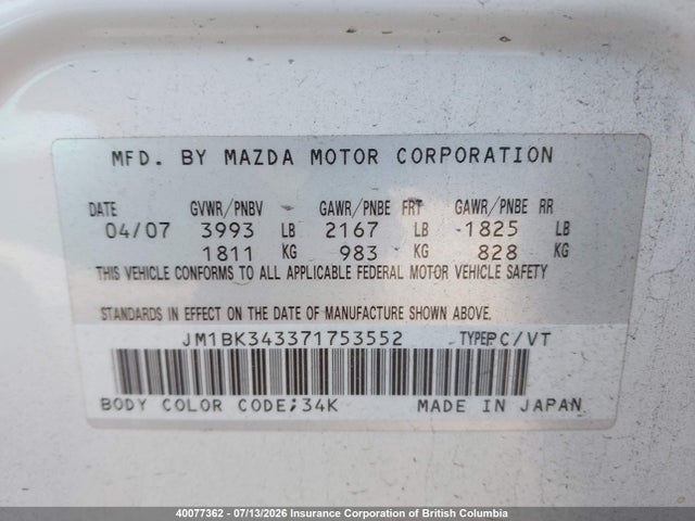 Aukcja sprzedaży 2007 Mazda 3 Hatchback, vin: JM1BK343371753552, numer aukcji: 40077362
