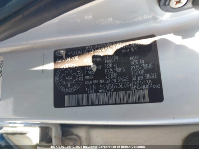 Продаж на аукціоні авто 2009 Hyundai Santa Fe Gl, vin: 5NMSG73E09H291035, номер лоту: 40077376