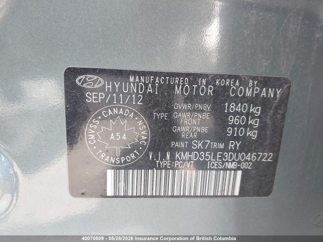 Продаж на аукціоні авто 2013 Hyundai Elantra Gt, vin: KMHD35LE3DU046722, номер лоту: 40070809