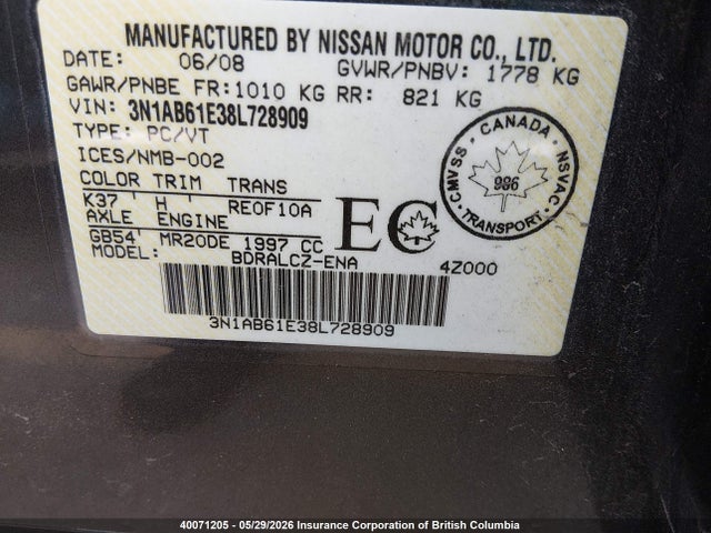 40071205 :رقم المزاد ، 3N1AB61E38L728909 vin ، 2008 Nissan Sentra 2.0 مزاد بيع
