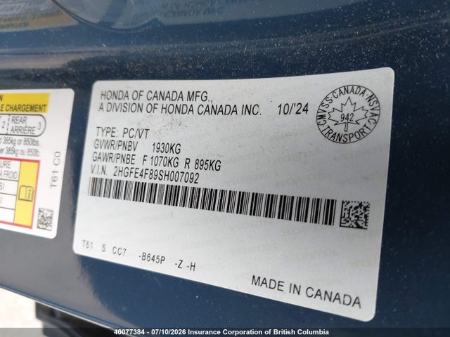Honda Civic 2025 2HGFE4F89SH007092 Image 9