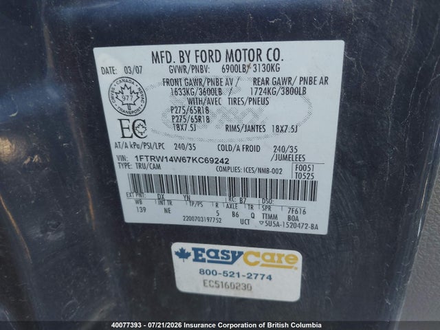 Aukcja sprzedaży 2007 Ford F150, vin: 1FTRW14W67KC69242, numer aukcji: 40077393