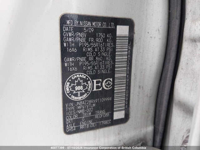 Aukcja sprzedaży 2009 Nissan Cube, vin: JN8AZ28RX9T109994, numer aukcji: 40077399