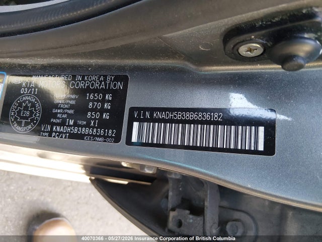 40070366 :رقم المزاد ، KNADH5B38B6836182 vin ، 2011 Kia Rio Lx/sx مزاد بيع