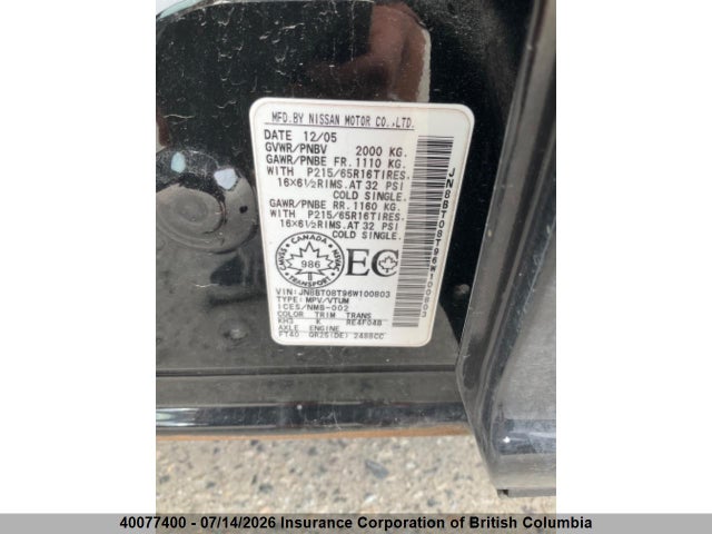 Aukcja sprzedaży 2006 Nissan X-trail Xe/se/le, vin: JN8BT08T96W100803, numer aukcji: 40077400